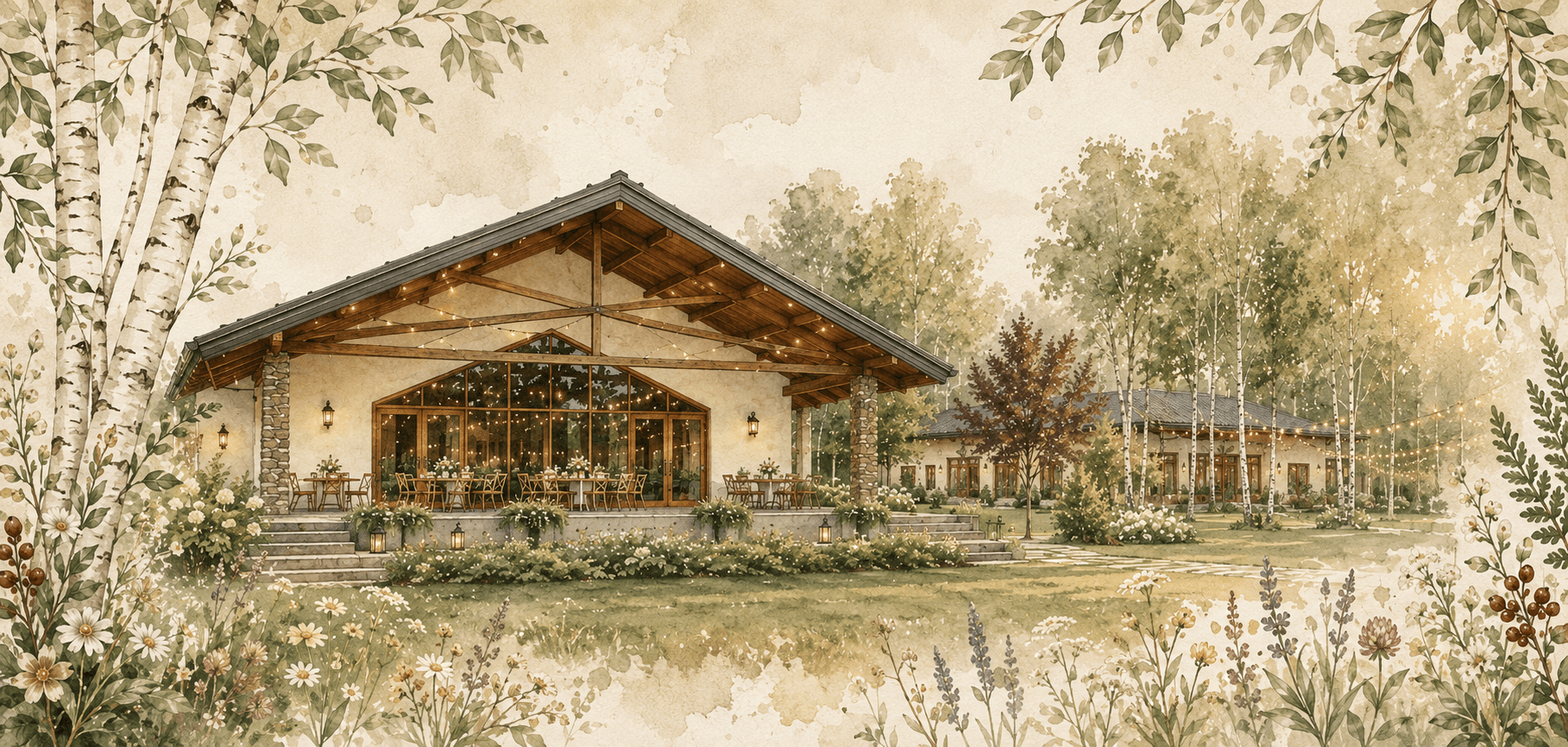 Watercolor illustration of Przysiółek Kresy, framed by birch trees